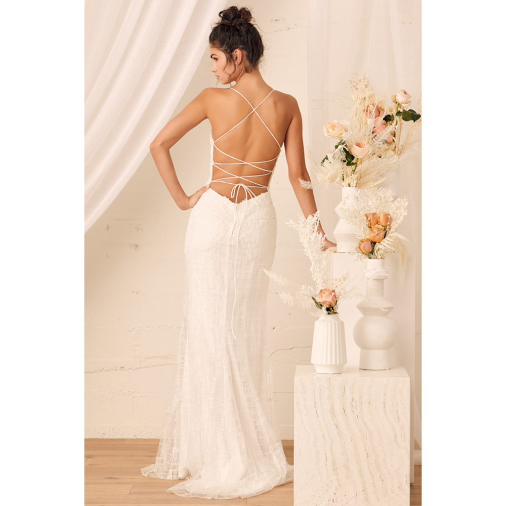 Lulus Wonderstruck White Glitter Lace-up Embroidered Lace Maxi Dress - Size 6